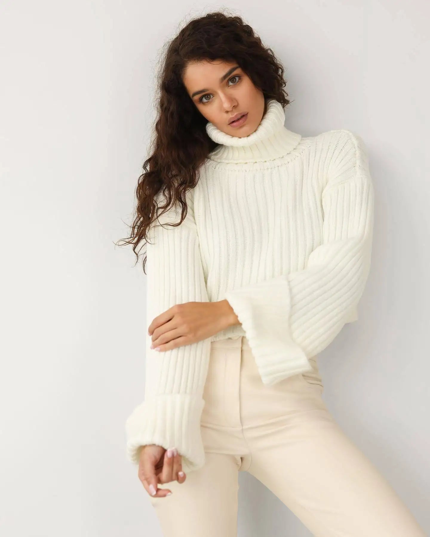 Women's Pullover Knitted Turtleneck Sweaters Top - Flare Sleeve Warm Cropped Sweater Top Jumper