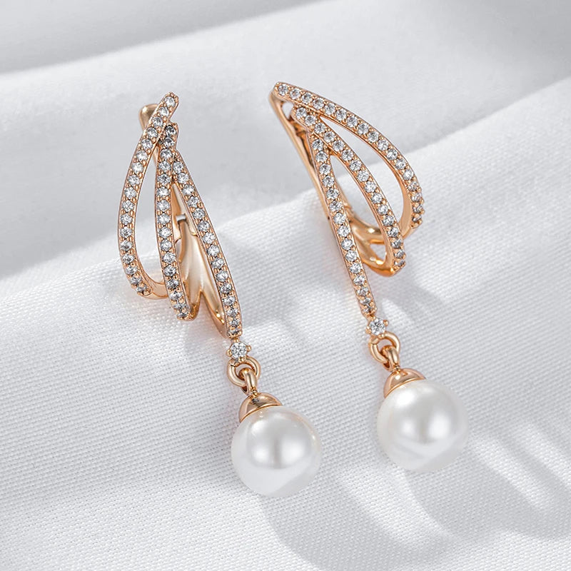 Women Shiny Natural Zircon Unique Geometric 585 Rose Gold Pearl Long Drop Earrings