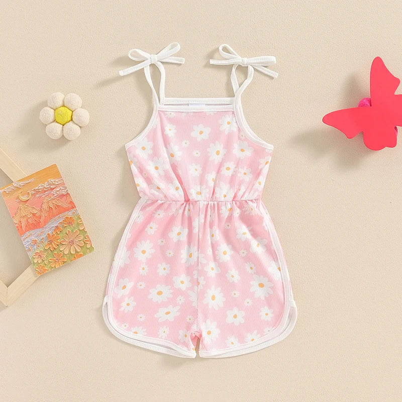 0-5Y  Kids Girls Summer Jumpsuit Shorts 4 Colours Sleeveless Square Neck Floral Print Romper Playsuits