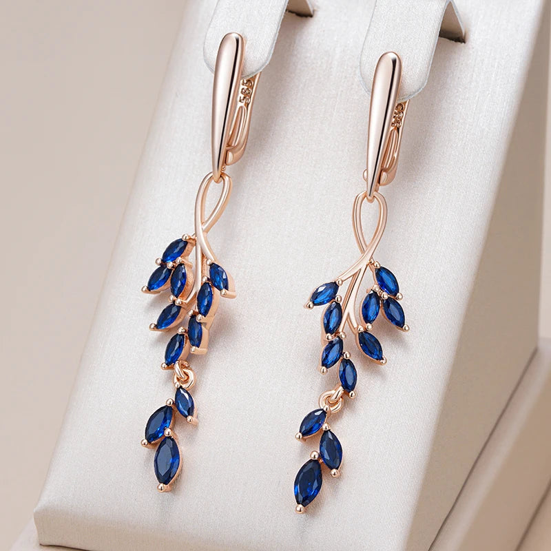 Women 585 Rose Gold Colour Blue Natural Zircon Leaf Shape Long Dangle Earrings