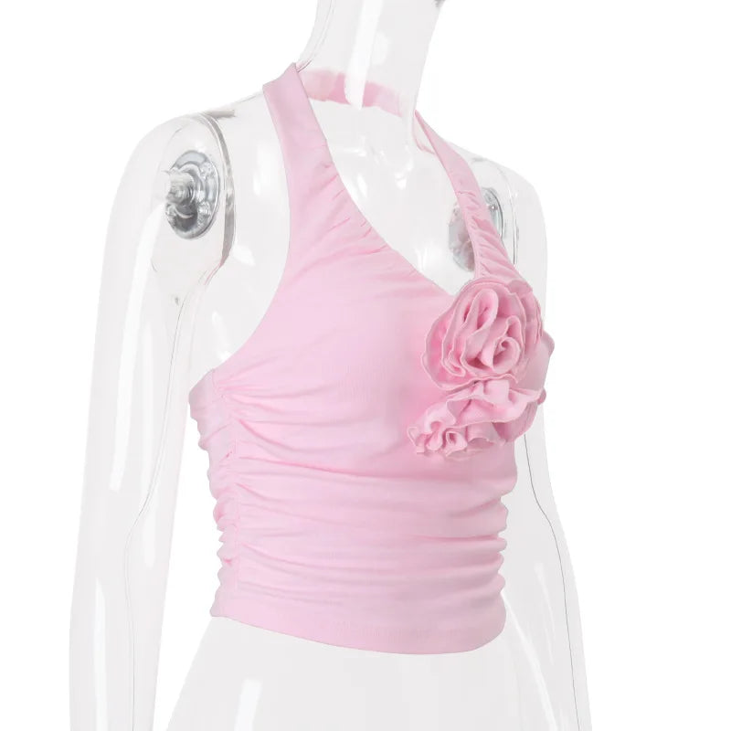 Women's Pink Floral Applique Halter Top - Y2K Backless Ruched Cropped Coquette Vest