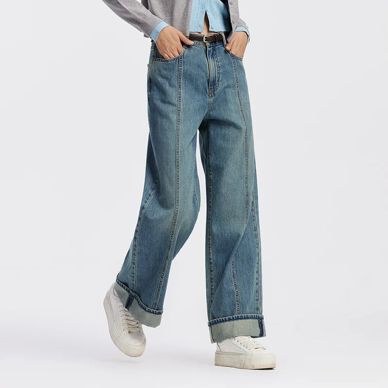 Women's Rolled Hem Loose Wide Leg Long Trousers