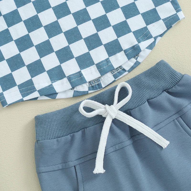 2pcs Toddler Baby Boys Clothes Set 0-3Y Short Sleeve Plaid Print Pocket T-shirt with Shorts Summer Outfit