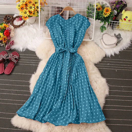 Women's Dot Print Chic Summer  High Waist Knee Length Bandage Medium Long Dress