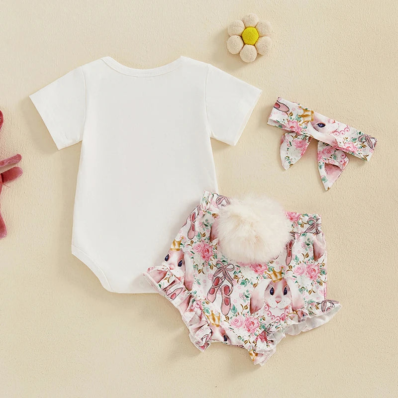 3pcs Baby Girls Easter Clothes Sets 0-18M Rabbit Print Short Sleeve Romper and Shorts Cute Headband