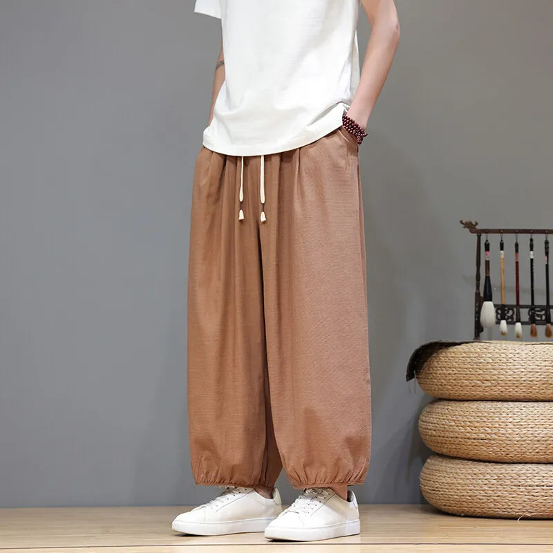 Men's Summer Wide Leg Pants Casual  Breathable Loose Ankle Length  Harem Trousers