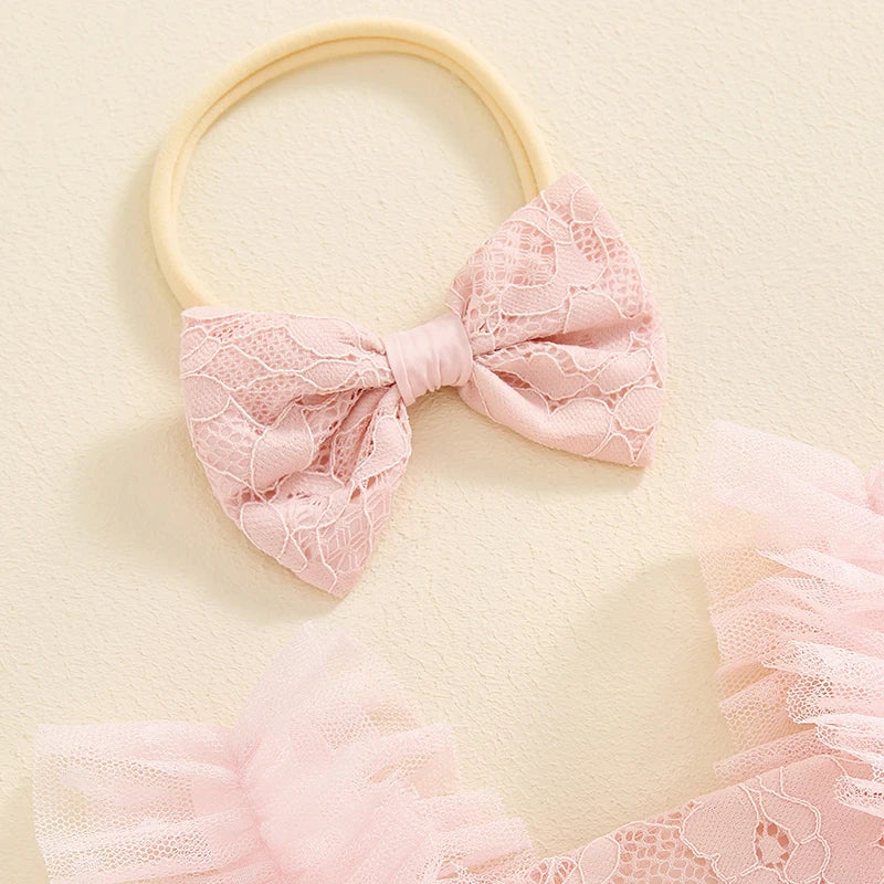 Baby Girls Princess Romper Dress with Hairband - Lace Flower Embroidery Tulle Jumpsuit