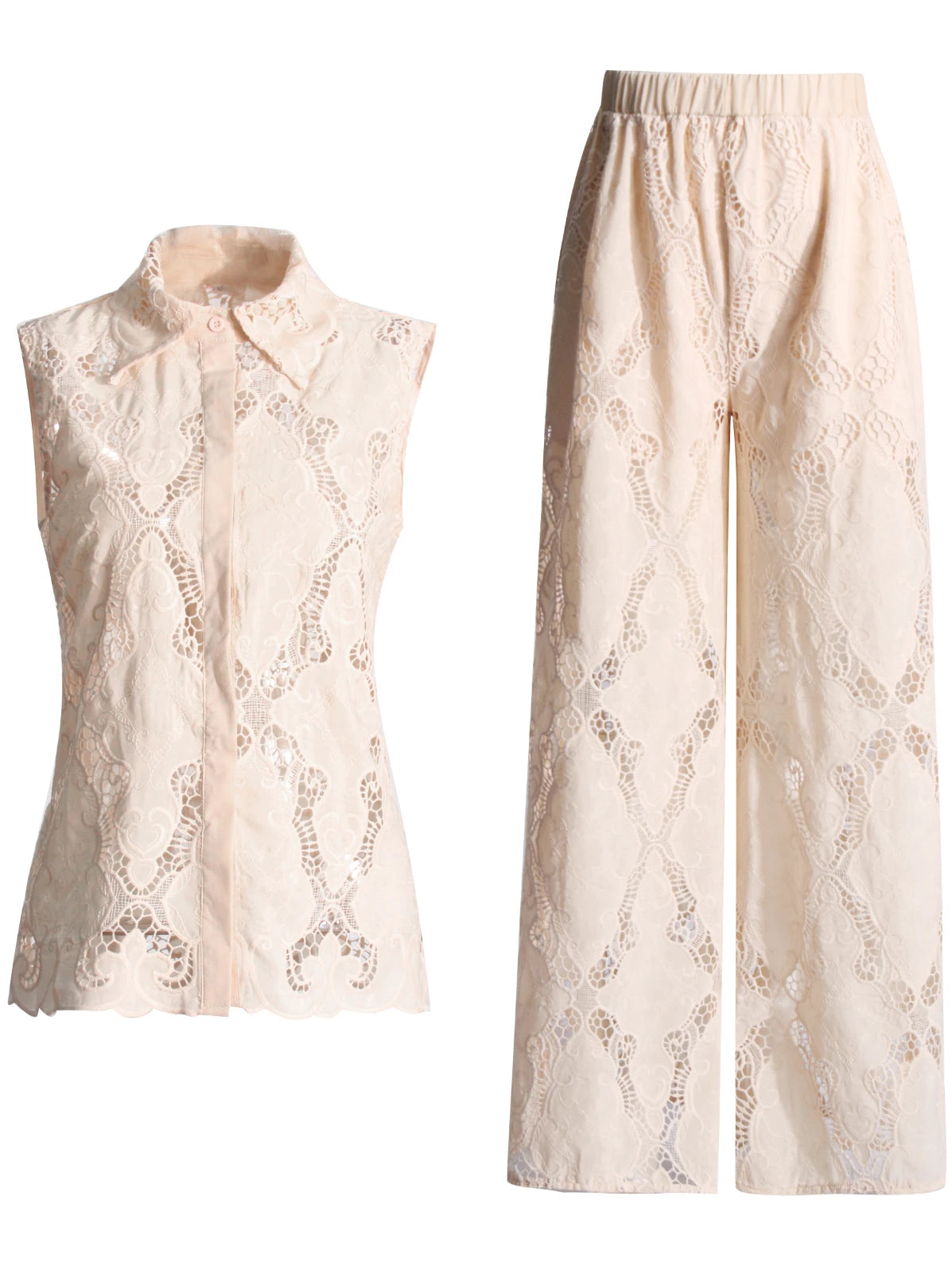 Women's Solid Hollow Out Two Piece Set - Stand Collar Sleeveless Top & Wide Leg Trousers