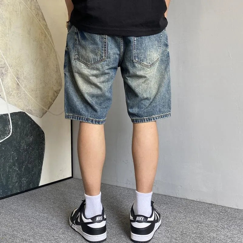 Men's Summer American Casual Embroidery Patch Vintage Denim Shorts