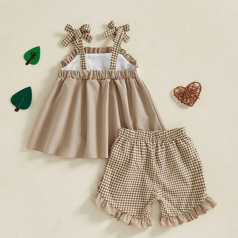 3-7Y Toddler Kids Girls  Clothes Set 2pcs Sleeveless Tie-up Duck Embroidery Camisole with Ruffled Plaid Shorts