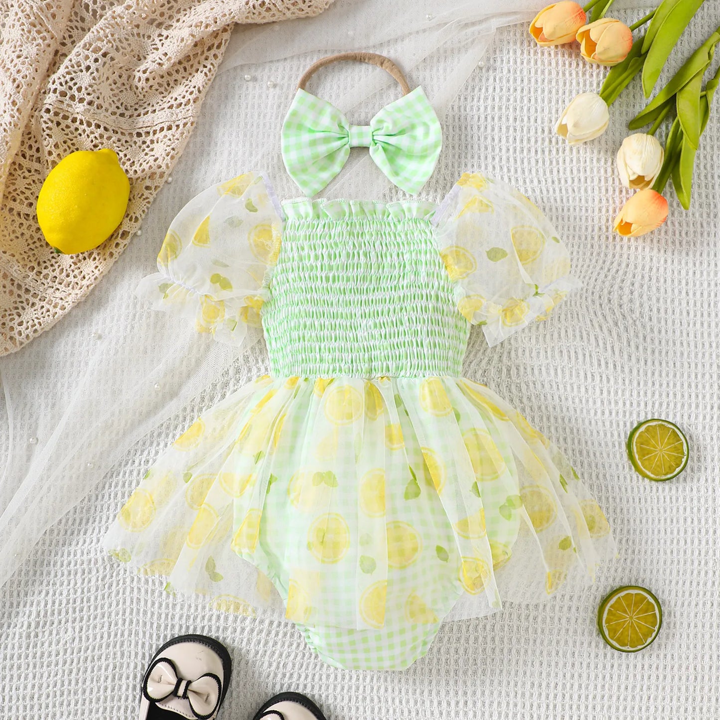 Fruit Embroidered Romper Dress with Headband - Baby Girls (0-18M)