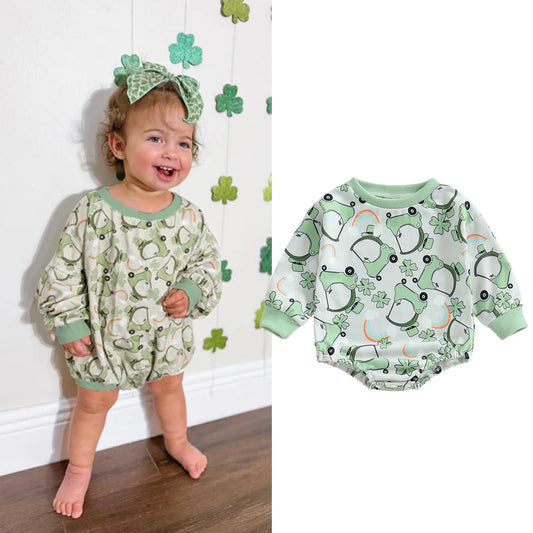 0-18M Baby Girls Boys Spring Romper Long Sleeve Clover Rainbow Print Sweatshirt Jumpsuit