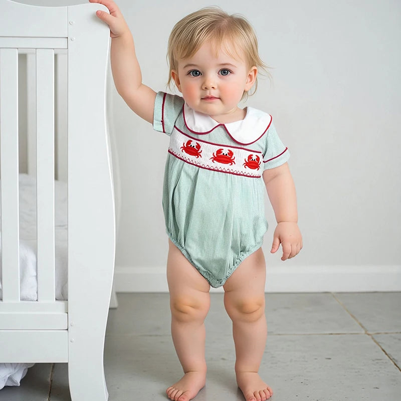 Baby Boys Girls Summer Romper - Crab Embroidery Doll Collar Jumpsuit (0-18M)