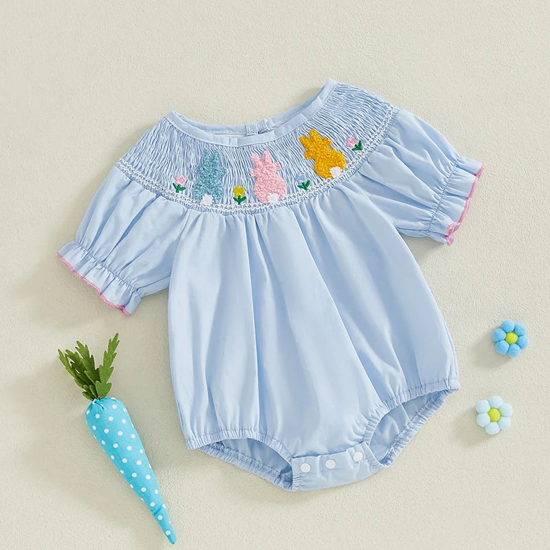 Baby Girls Easter Romper - Ruffled Sleeve Rabbit Embroidery Smocked Jumpsuit