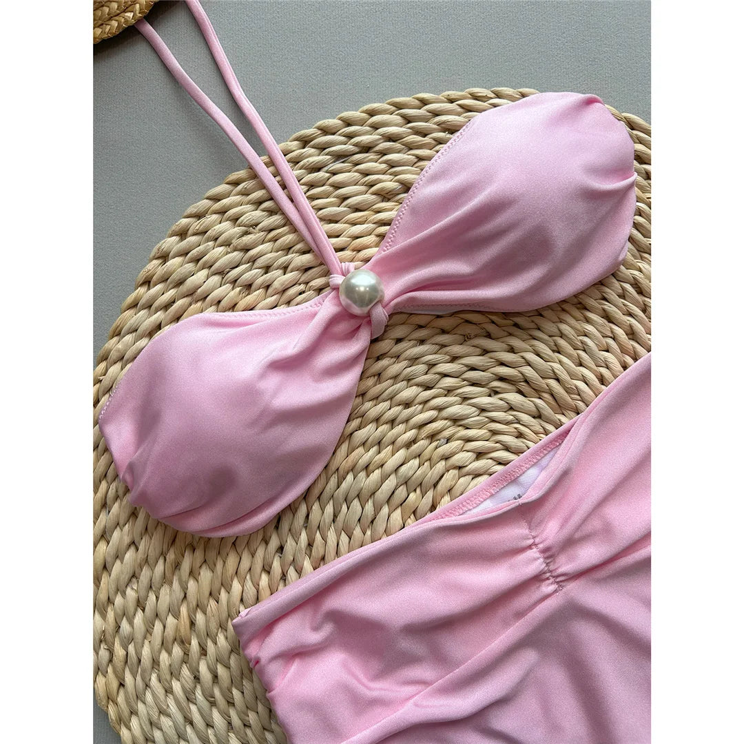 Pearl Detail High Waist Halter Bikini Set