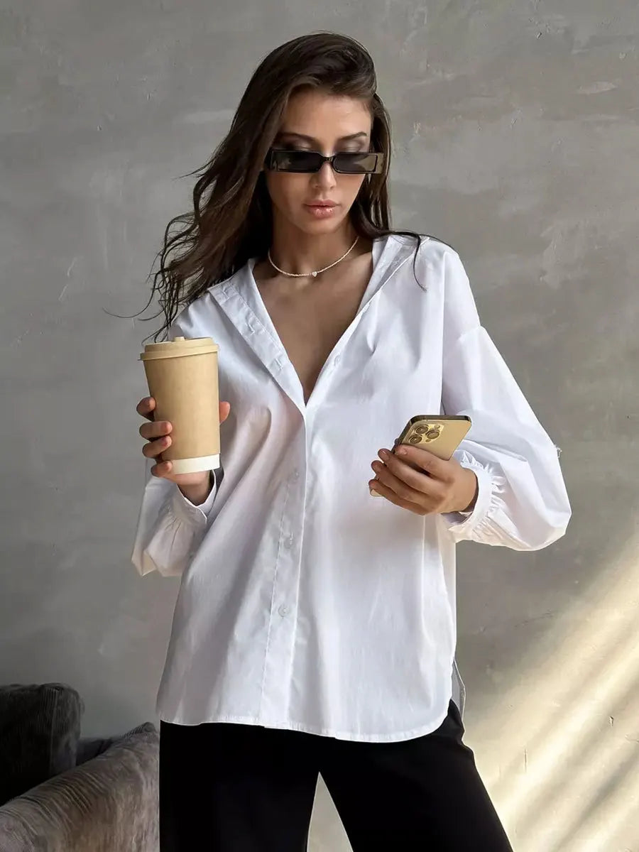 Women's Loose Lantern Sleeve Single-breasted 100% Cotton Blouse