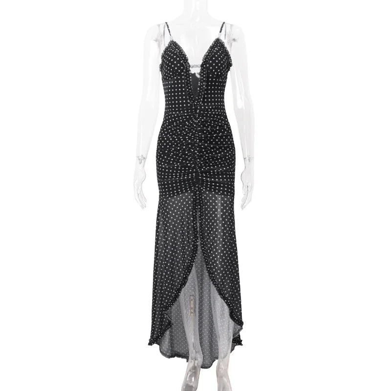 Women's Summer Boho Polka Dot Split Dress - V-Neck Backless Holiday Dress