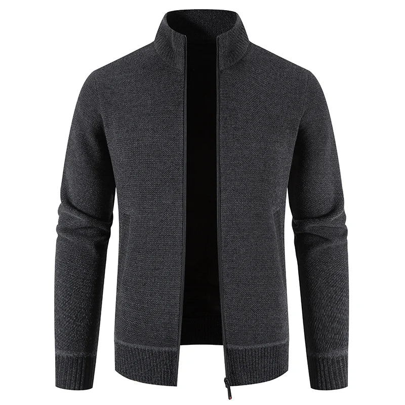 Men's Thick Knit Zip-Up Cardigan with Stand Collar