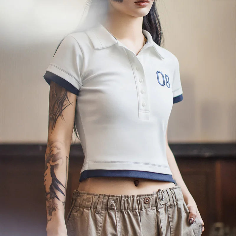 Women's White Embroidered Polo Shirt - Preppy Short Sleeve Tennis Top with Color-Block Design