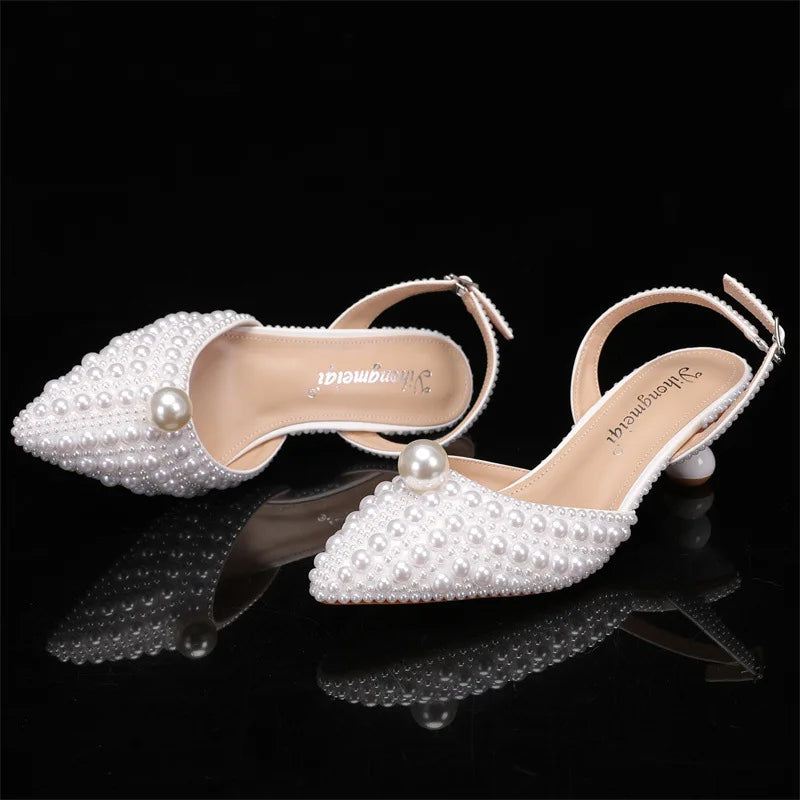 Women's 5cm Round Heel Shaped Heel Pearl Sandals