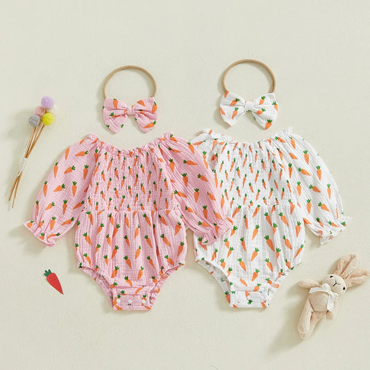 Baby Girls Easter Romper Set - Carrot Print Long Sleeve Jumpsuit with Bow Headband