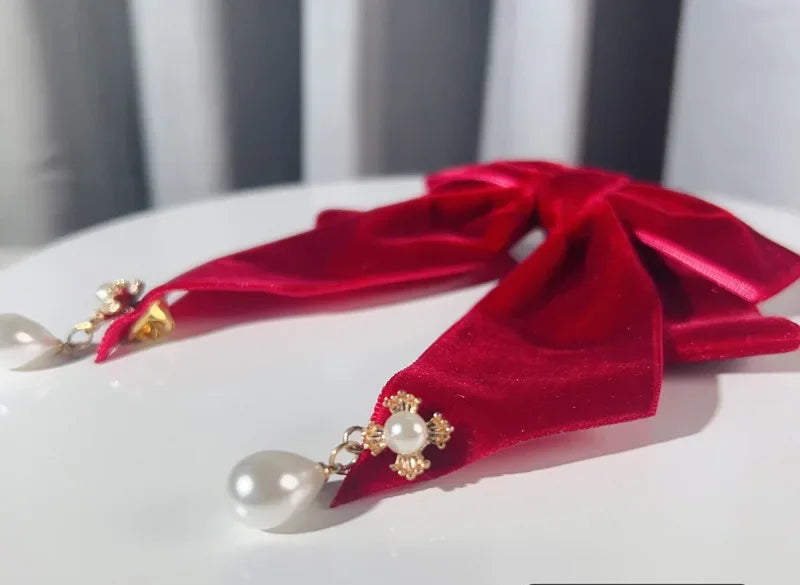 Vintage Velvet Fabric Bow Tie Brooch - Pearl Bowknot Badge Shirt Collar Pin Luxury Necktie