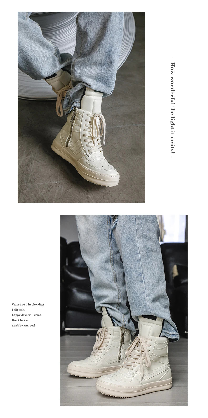 Men's High-Top Leather Sneakers - Lace-Up Ankle Boots