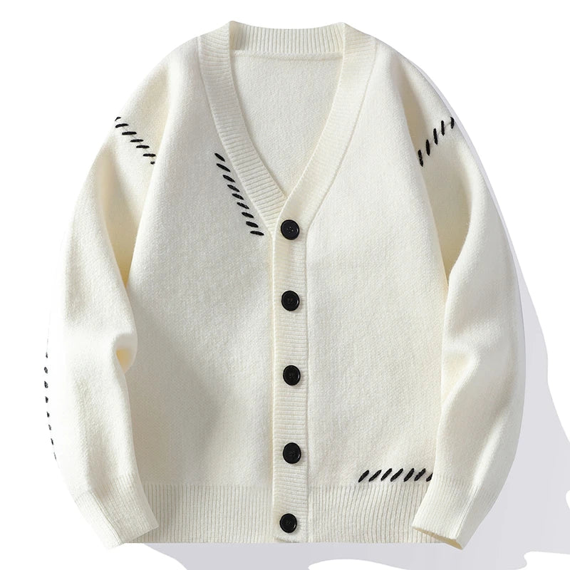 Men's Autumn Winter V-Neck Knit Cardigan Patchwork Loose Knitted Sweater