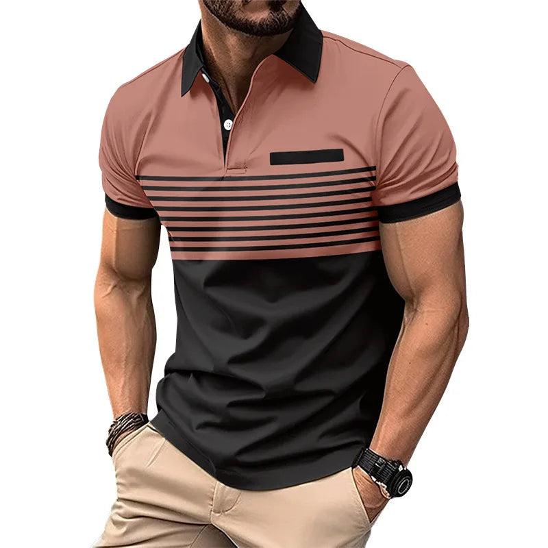 Men's Summer Polo Patchwork Short Sleeve Smart Casual Striped Turn Down Collar Shirt