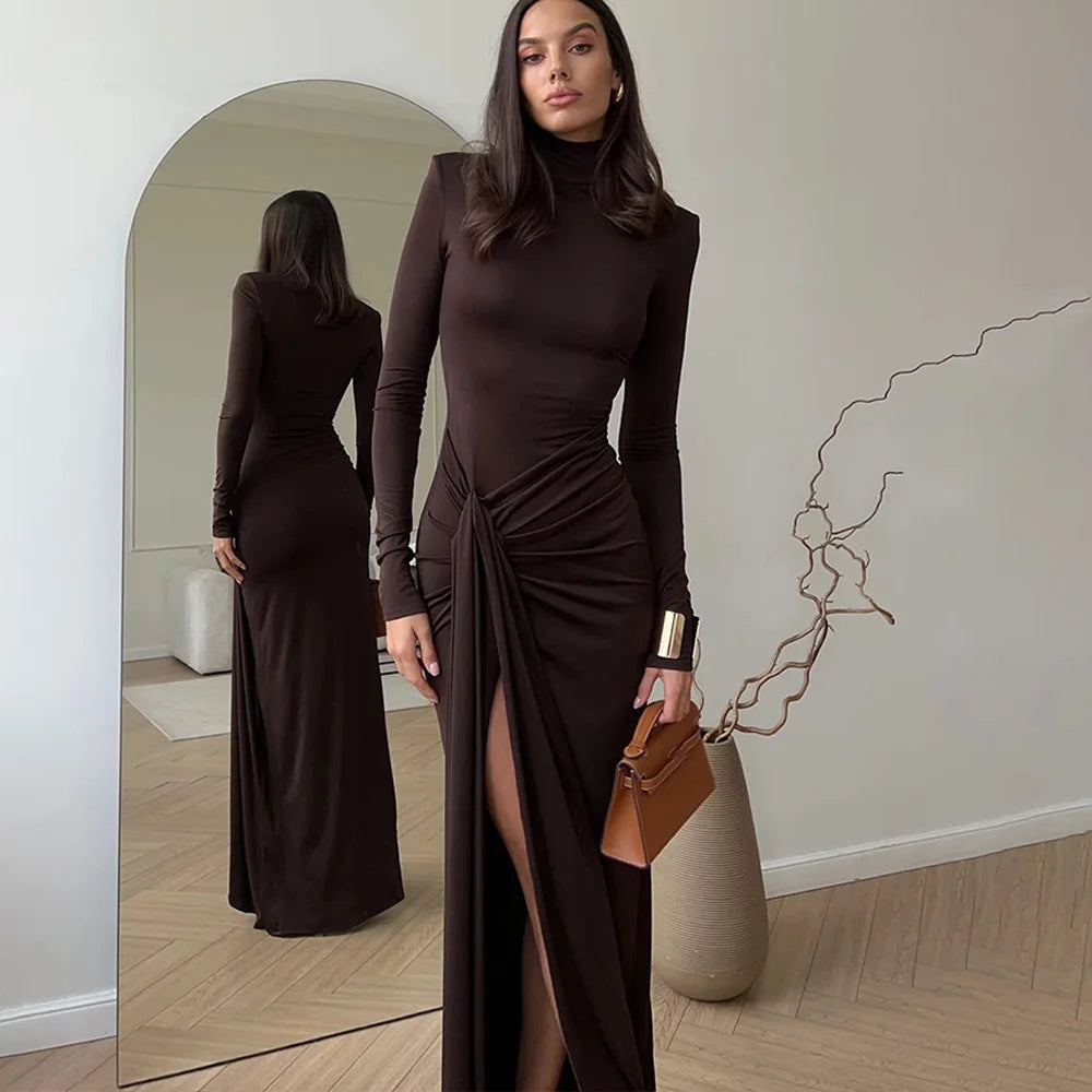 Women's Long Sleeve Turtleneck Maxi Ruched Side Split Bodycon Dress