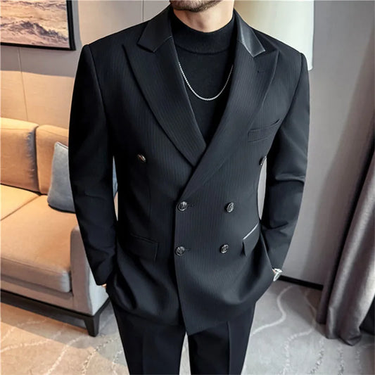 Double Breasted Striped Patchwork Leather Collar Blazer