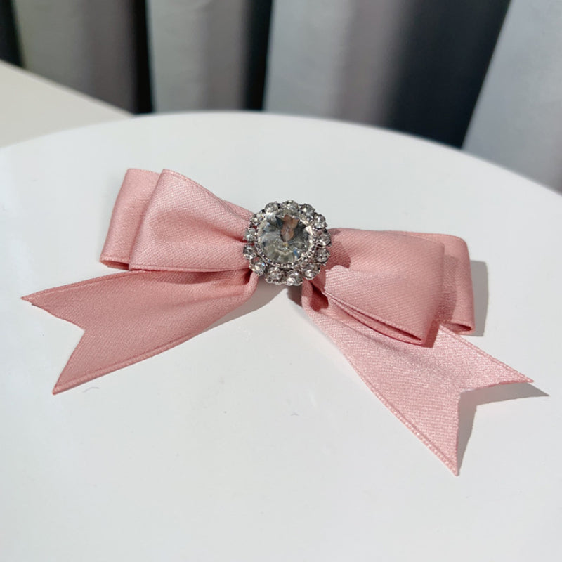 Handmade Fabric Bow Tie Brooch - Rhinestone Crystal Lapel Pin for Women
