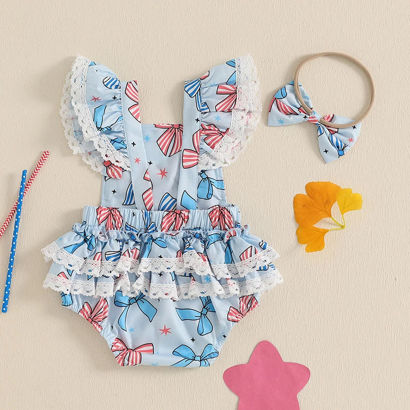 2pcs Baby Girls Independence Days Romper 0-18M Lace Flutter Sleeve Bow Embroidery Layered Hem Jumpsuit Headband