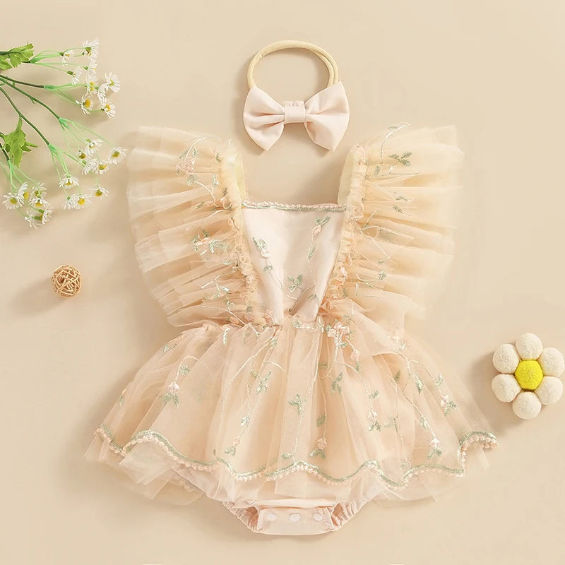 Baby Girls Summer Romper Dress with Headband - Floral Embroidery Tulle Jumpsuit