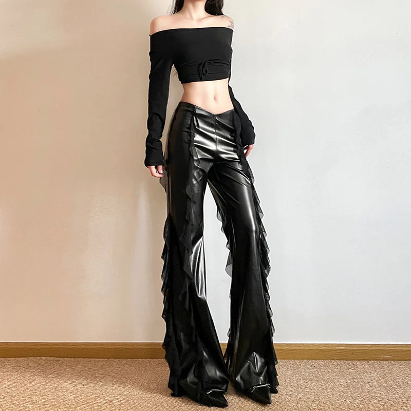 Women's Mesh Splicing PU Flare High Waist Slim Fit Black Long Trousers