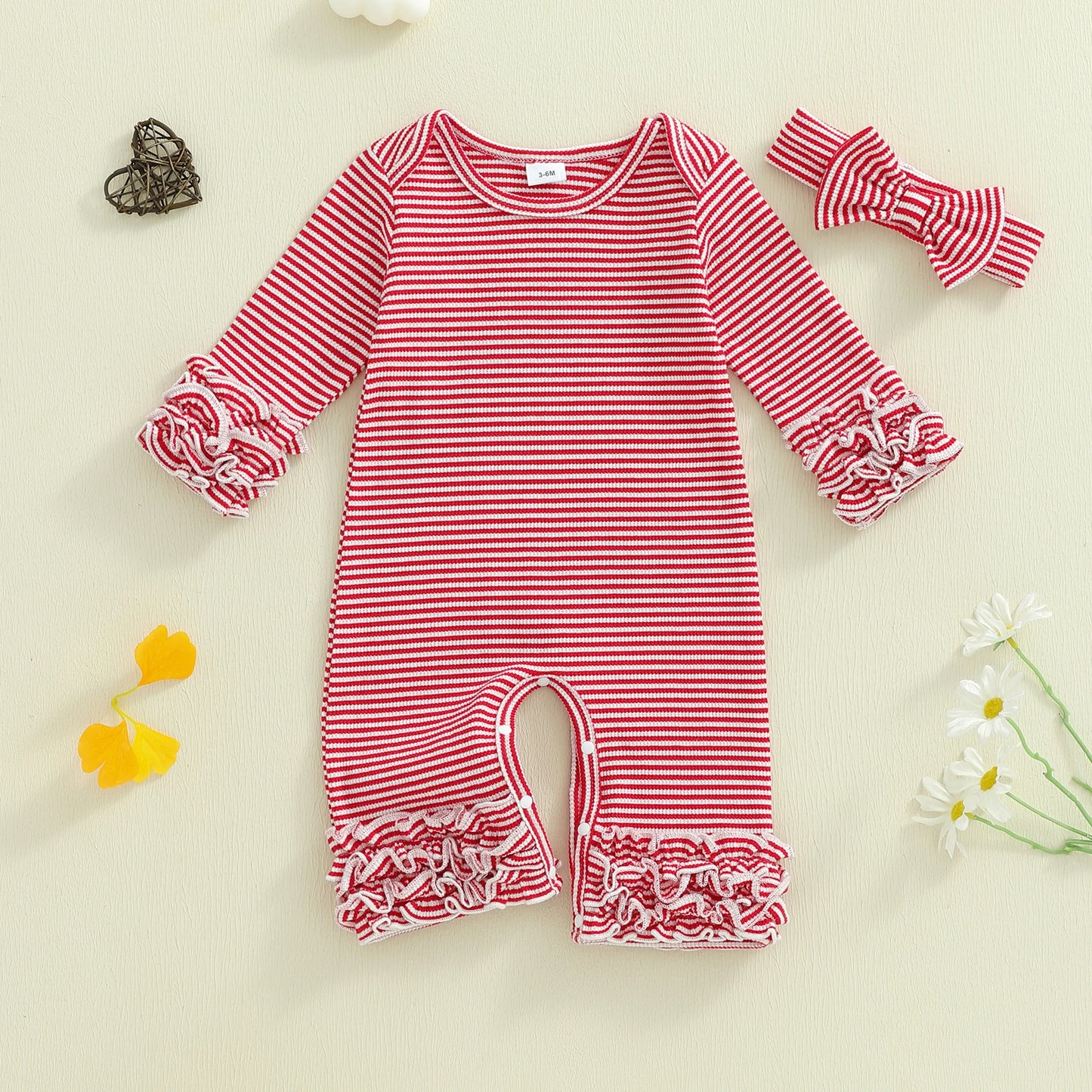 Baby Girls Striped Romper Outfit - Long Sleeve Full Length Jumpsuit with Bow Headband (0-18M)