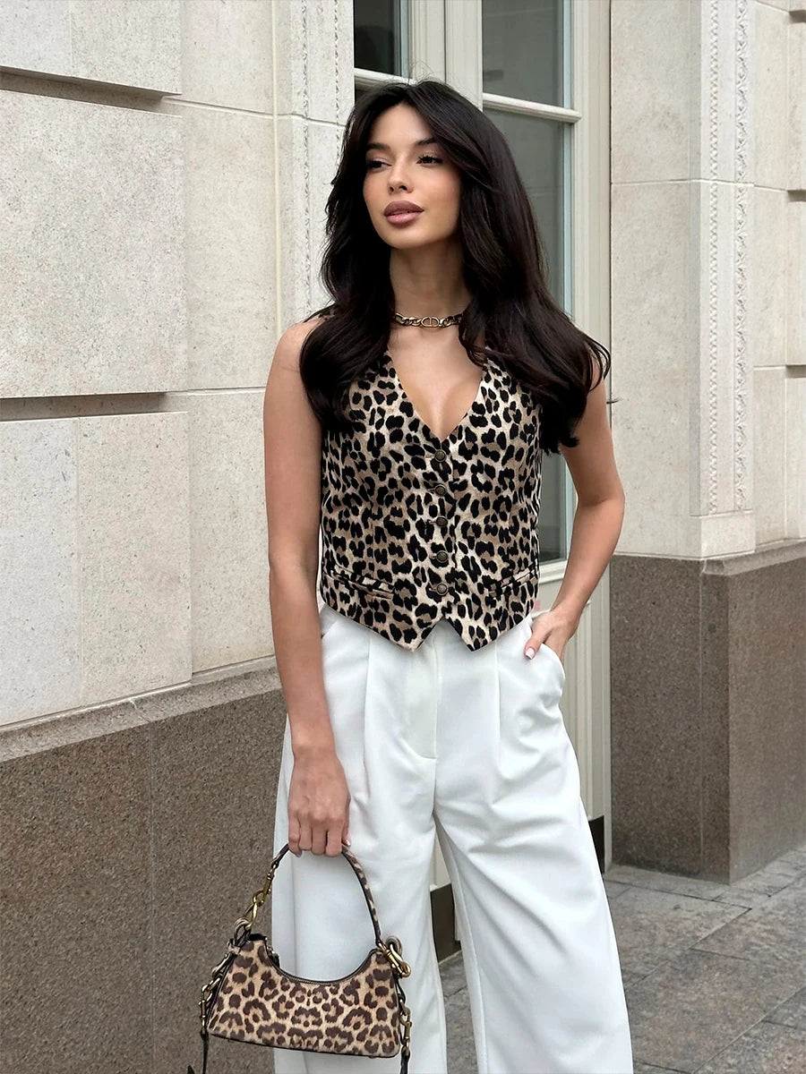 Women's Leopard Print Vest Short Sleeveless Top