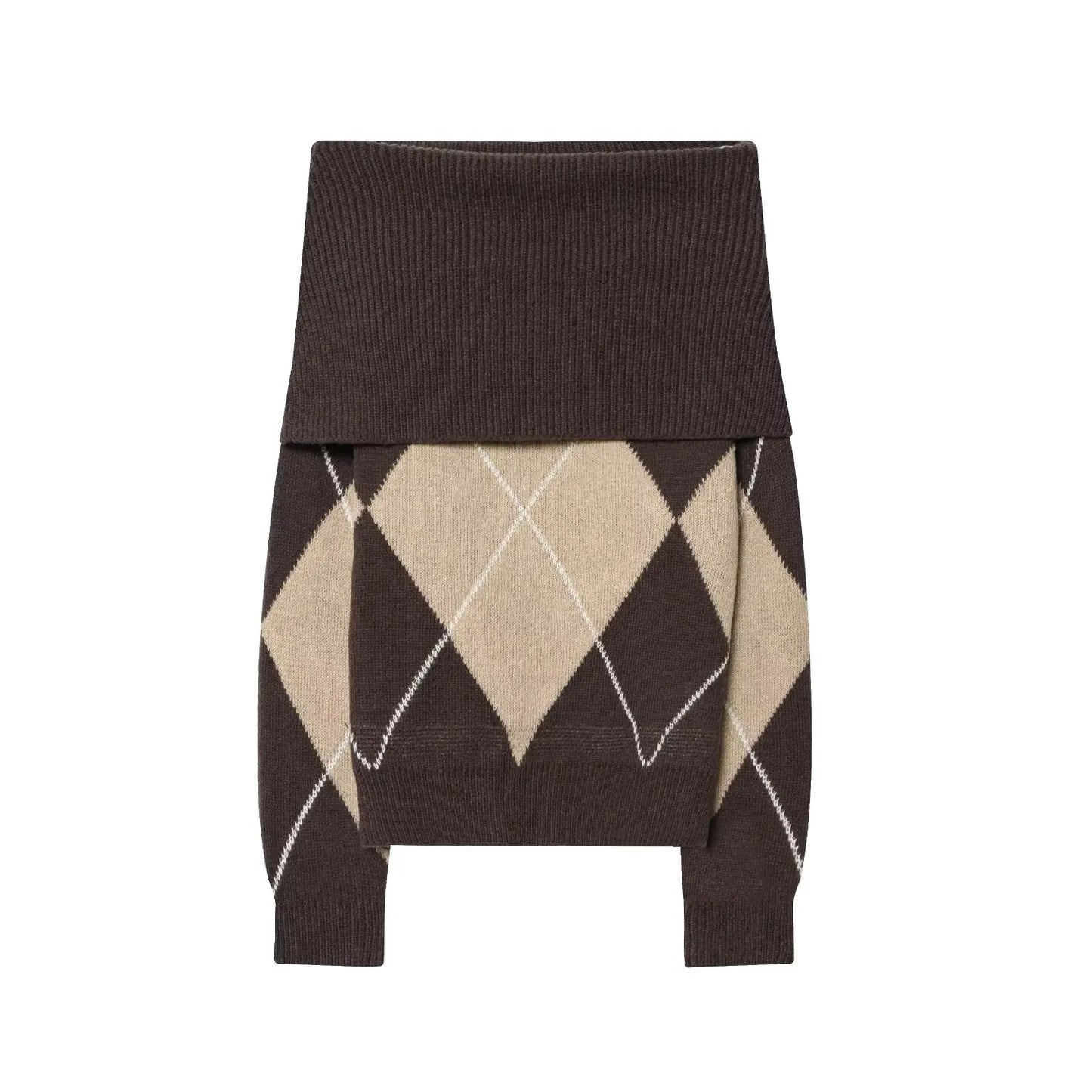 Vintage Argyle Off Shoulder Knit Sweater - Long Sleeve Loose Casual Pullover