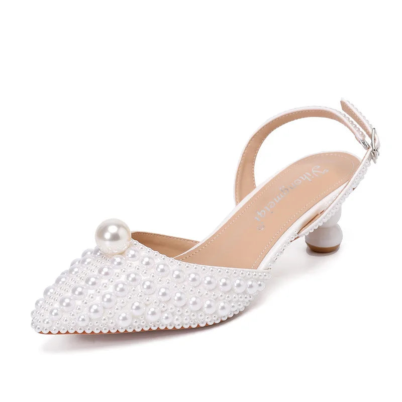 Women's 5cm Round Heel Shaped Heel Pearl Sandals