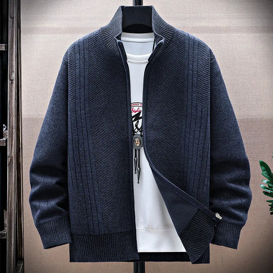 Stand Collar Fleece Knit Cardigan - Thick Sweater Jacket Outerwear