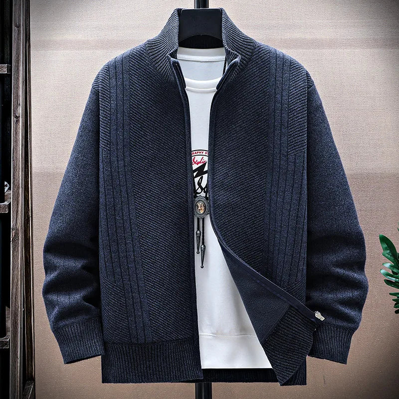 Men's Fleece Knit Cardigan - Stand Collar Zip Sweater Jacket
