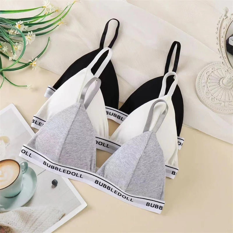 Women's Cotton Triangle Cups Bra Deep V Padded Brassiere Underwear Letter Push Up Lingerie Bra