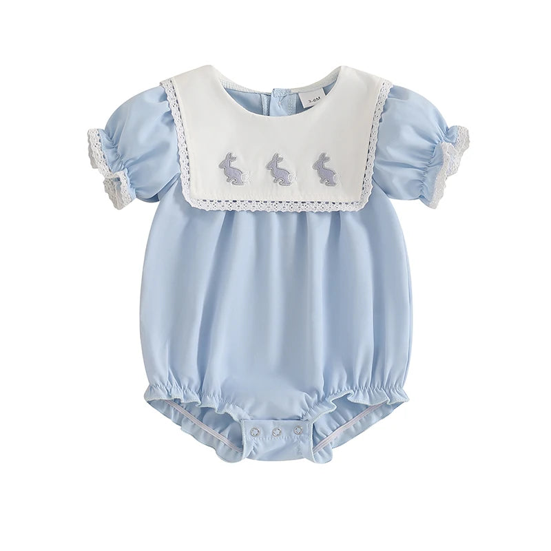 Baby Girls Easter Romper - Lace Ruffled Rabbit Embroidery Short Sleeve Bodysuit