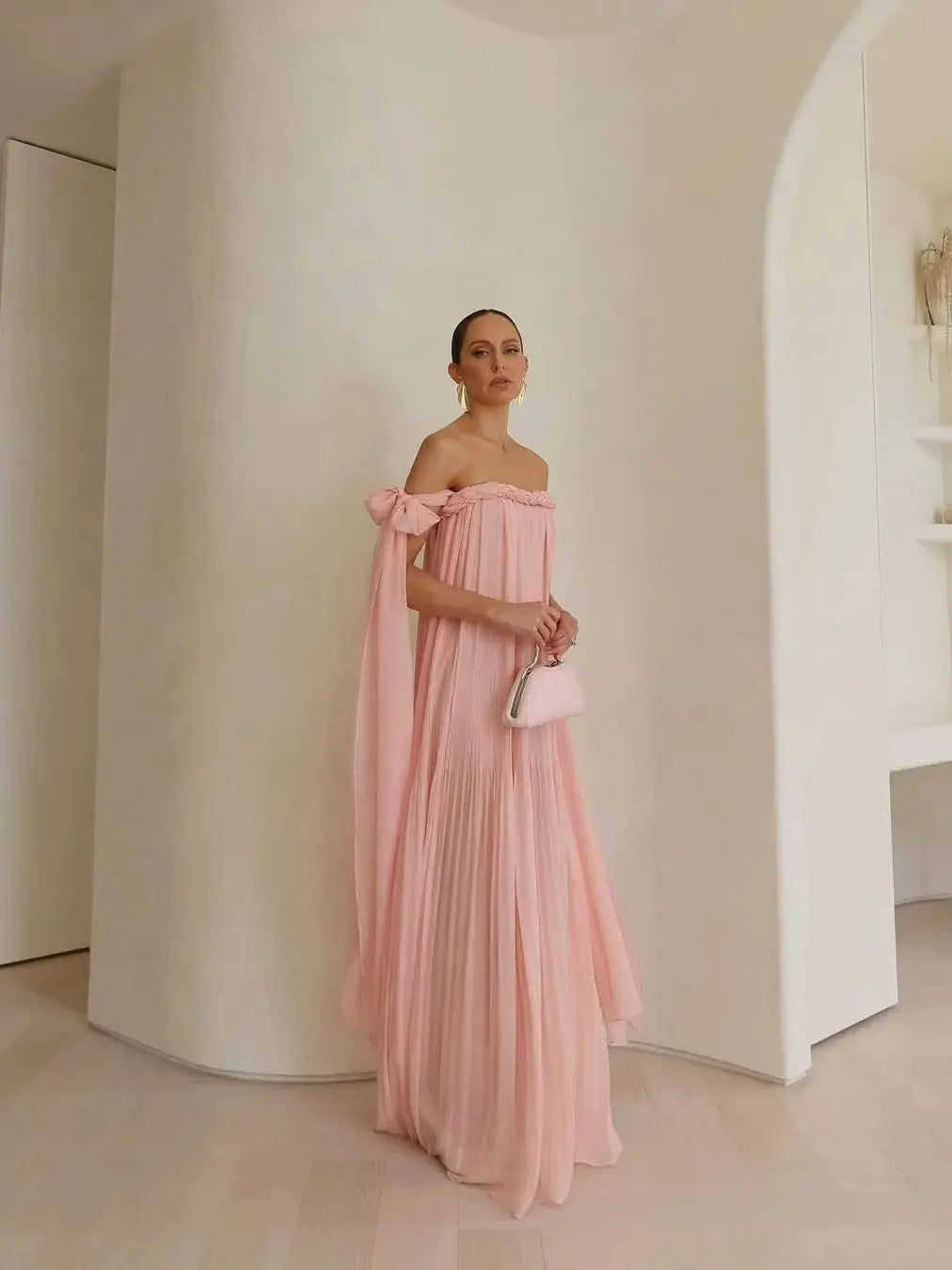 Off-Shoulder Braided Tie Maxi Dress - Pleated A-Line Summer Beach Dress