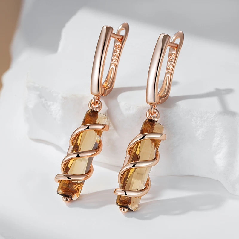 Women Light Brown Natural Zircon Drop Earrings 585 Rose Gold Colour