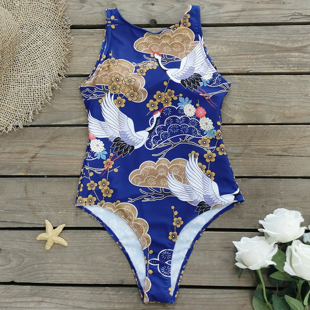 Women's Print One Piece Swimsuit Vintage Retro Backless Monokini