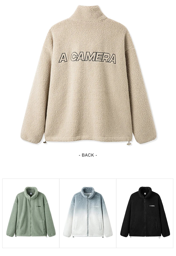 Men's Loose Fit Fleece Jacket - Plush Embroidered Stand Collar Winter Coat