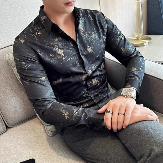 Men's Print Shirt - Slim Fit Long Sleeve Turn Down Collar Shirt