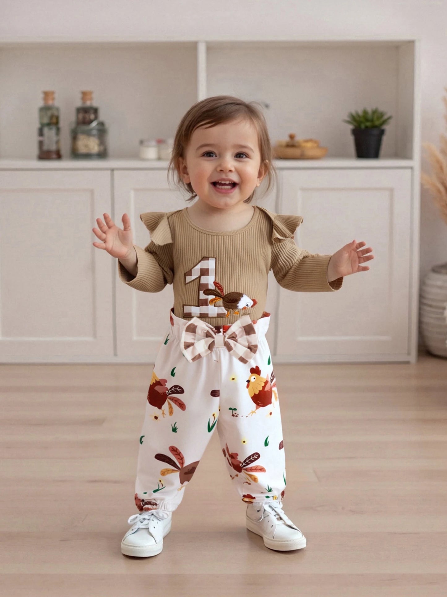 Baby 3-Piece Outfit Set - Ruffle Long Sleeve Embroidery Romper & Pants (0-18M)