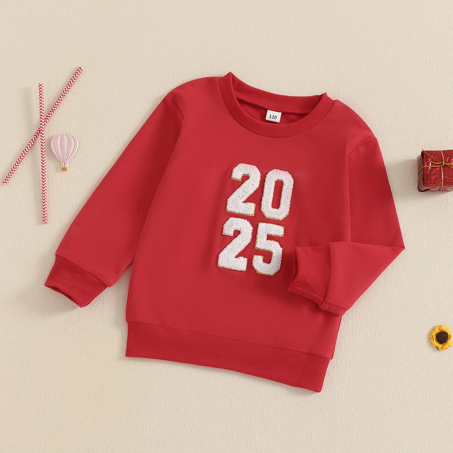 1-6Y Toddler Kids Boys Girls New Year Sweatshirt - Long Sleeve Crew Neck Letter Embroidery Pullover Top